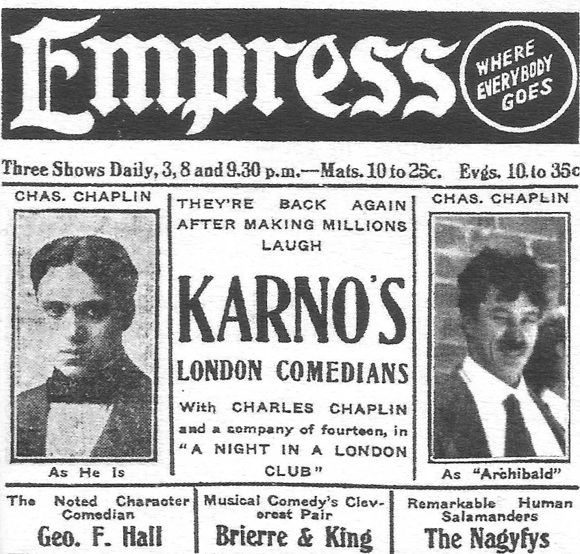Charlie Chaplin, release poster, 1913, credit Empress Theatre